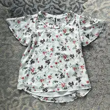 Pleione Floral Flutter Sleeve Layered Top White XS