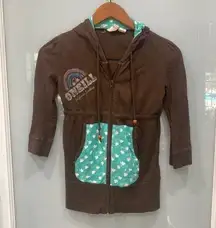 O'Neill Juniors Brown Turquoise Zip Up Heart Print Bead Hoodie Jacket Sz XS