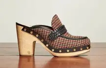 Veronica Beard Sz 8.5 Delia Houndstooth Fabric Heeled Loafer Mule Espresso Multi