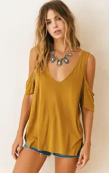NWT Free People Bittersweet Mustard Linen Cold Shoulder Boho Top Small