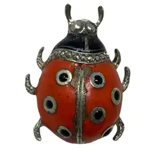 Vintage Ladybug Brooch Enamel Over Sterling Silver Rhinestone Detail Pin