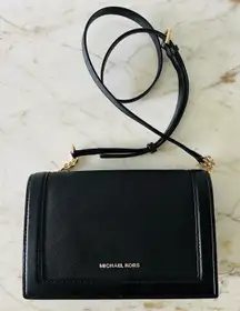 MICHAEL KORS Jet Set Solid Black Leather Full Flap Chain Crossbody Bag