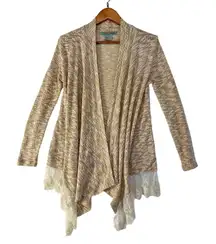 Flying Tomato Cardigan Small Tan‎ Cream Lace Trim Knit Boho Open Front Sweater