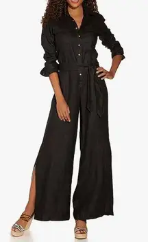 Boston Proper Women's Black Long-Sleeve Linen Wide-Leg Utility Jumpsuit Size XS