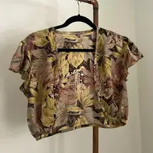 Open Short Sleeve Top Blouse With Silk Vintage Leaf Print