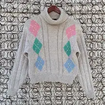 Vintage 90s pastel argyle turtleneck crop sweater cottagecore gorpcore SMALL