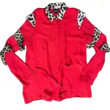 Just Cavalli Red Silk Long Sleeve Animal Print Ruffle Blouse size Medium