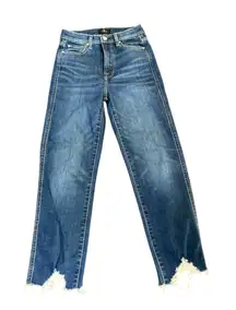 7 For All Mankind High Waist Cropped Flare Jeans Blue Denim Raw Hem Size 25