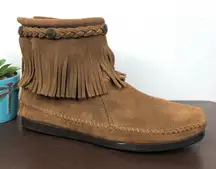 Minnetonka Suede Fringe Back Zip Brown Moccasin Booties Women's Size 8.5