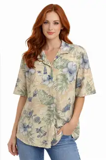 Vintage Nautical Hawaiian Shirt Tropical Floral Map Print Button Front Top