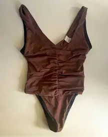 Kittenish  Brown Black Trim One Piece Cheeky Bathing Suit Monokini Size Small