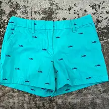 Cambridge Dry Goods Teal/Navy Embroidered Shark Shorts 4" Inseam Size 4