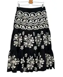 Figue Camille Skirt Black Cream Embroidered Tiered Maxi Midi Length Size 14