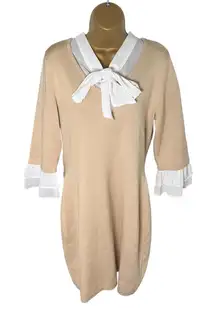 Hailey Lyn Knit Bow Collar Dress Ruffle Cuff Long Sleeve Beige M