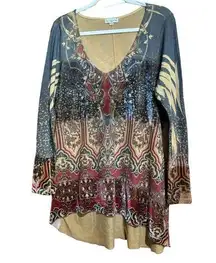 Live and Let Live Tunic Top Womens 1X Multicolor Boho Artsy Print Scoop Blouse