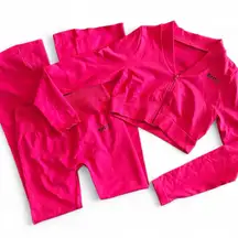 BiFita Hot Pink 2 Piece Cropped Jacket Bell Bottom Pants Workout Set