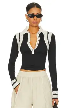 Free People Wednesday Polo Jersey Top in Black Combo, S