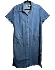Vintage Faded Glory Denim Button Up Midi Shirt Dress Blue Short Sleeve VTG Sz 16