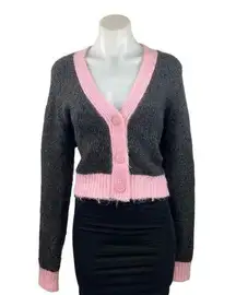 ZARA  Gray Pink Trim V-Neck Chunky Knit Long Sleeve Cropped Cardigan Sweater Sz S