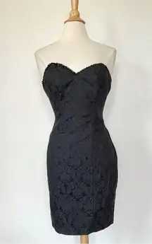 Vintage 90s Solid Black Satin Floral Strapless Sequin Union Made Dress