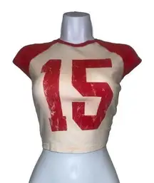 Red and white cropped “15” baseball style tee
