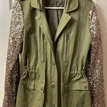 Vera & Lucy khaki Green blazer with gold sequins on the sleeve sz L