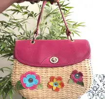 Pink and cream woven straw wicker floral hand bag purse satchel Measurement in pictures