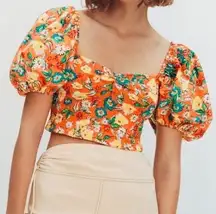 ZARA  Orange Floral Smock Puff Sleeve Top NWT