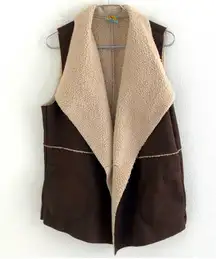 C&C California Open Front Vest Sherpa-Lined Faux Shearling Furry Brown & Tan szM