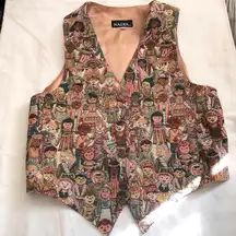 Unique vintage 90s tapestry vest with a funky, multi-coloured design multiracial people tie back fitted-Size M Measurements in pics. Excellent condition