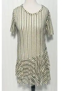 Zara W/B Dress Mesh Sheer Open Knit Unlined Ruffle Short Sleeve Cream Blue Small