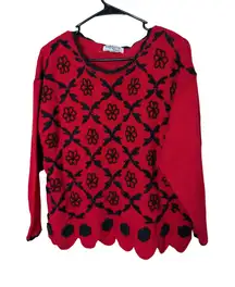 Vintage Reference Point Womens Red Black Floral Beaded Knit Sweater Size S