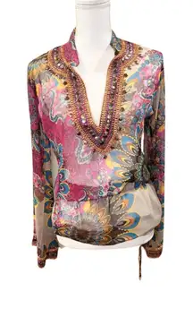New Monique Leshman Embellished Silk Boho Blouse, Small
