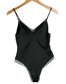 NWT ZARA Black Satin Teddy Mesh Trim Bodysuit Sz Small Lingerie Sexy