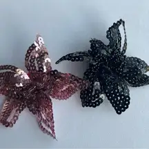 Set of 2 - Sequin Flower Floral Pin Brooch Pink Black