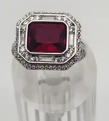 Bomb Party Silver Tone Faux Ruby Halo Ring (6.25)