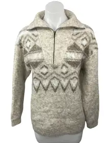Aqua Brown Tan Half Zip Fair Isle Oversized Long Sleeve Pullover Sweater Top S