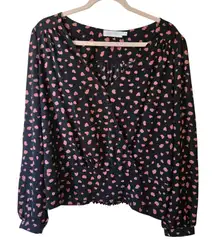 All in Favor black and pink polka dot faux-wrap blouse Size Large