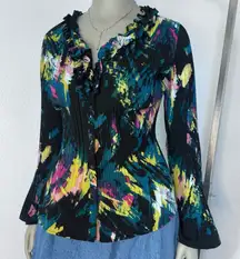 Y2K Ruffle Pleated Button Front Blouse Flare Long Sleeves Plus Size 1X Abstract