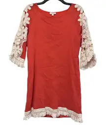 Umgee Coral Gauze Boho‎ Tunic Mini Dress Lace Crochet Fringe Detail Size Small