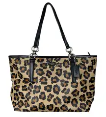 Coach Ellis Leopard Printed Coated Canvas City Tote Gold Hardware Black Leather