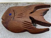 Hand carved Artsian wood fish brooch