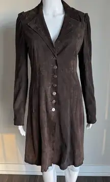 Elie Tahari Long Brown Suede Fitted Jacket With Ornate Buttons Size S
