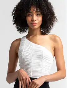 NEW NWT Le Lis Anthropologie One-Shoulder‎ Ruched Bodysuit Medium White Mesh