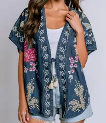 Johnny Was Bohemian Denim Blue Sarai Kimono Floral Design Tassels Women’s Large