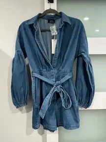 NEW VICI Denim Chambray Puff Sleeve Belted Romper Extra Small