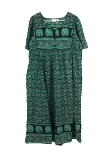 The Vermont Country Store Dress L Nightgown Muumuu 100% Cotton Elephants Pockets