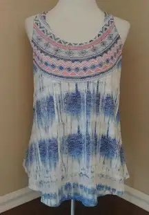 NEW Modcloth Blue Ivory Coral Woven Knit Boho Racerback Sleeveless Top Small