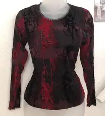 Whimsygoth grunge Sexy Blood Red black mesh long sleeve fitted blouse top shirt long Sleeve