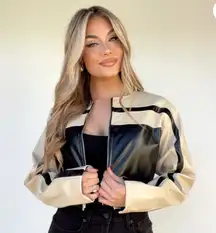 Cloud Ten Women’s Size M Cropped Racer Jacket Black Tan Faux Leather Moto Baddie